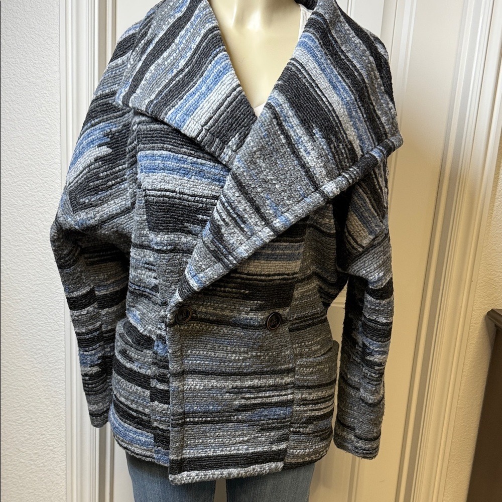 prAna Wool-Blend Shawl Collar Peacoat Jacket L, GrayBlue Striped, Tapestry, Boho